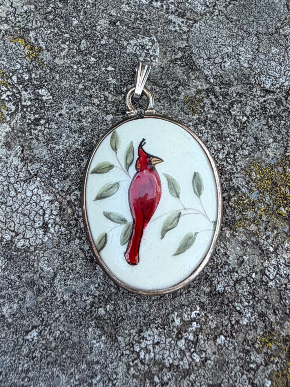 Vintage Sterling Ceramic Red Cardinal Oval Pendant Charm